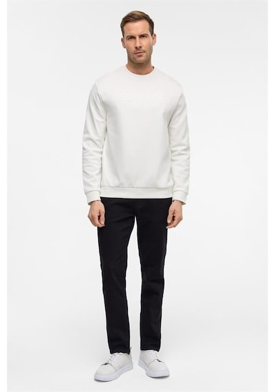 Süvari Beyaz Regular Düz Bisiklet Yaka Sweatshirt Beyaz