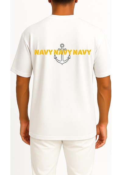 Bahriyeli Collection Oversize Chest Trio Navy Anchor Göğüs Ve Sırt Baskılı Unisex T-shirt Beyaz
