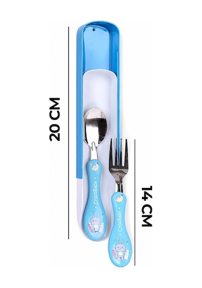 Çocuk Mama Kaşığı Çatal Seti Silikon Saplı Figürlü Metal Uçlu Bebek Yemek Seti Mavi