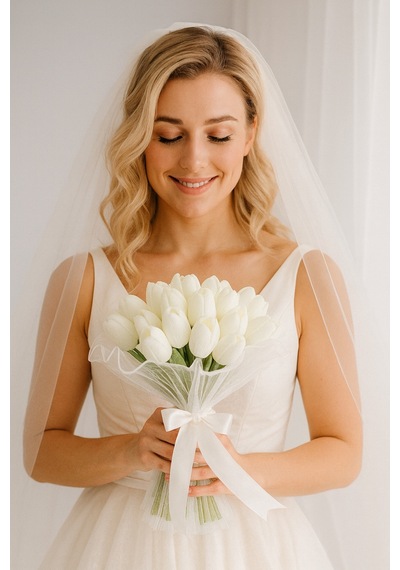 Tüllü Lale Gelin Buketi Ve Damat Yaka Çiçeği Seti Beyaz