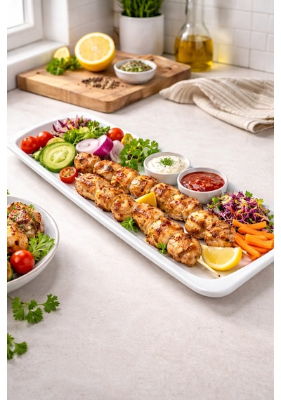 12 Adet 16x35 Cm Mimoza Beyaz Melamin Tavuk Sunum Tabağı Kebap, Makarna, Meze Servis Tabağı Beyaz