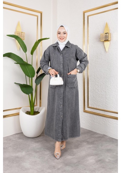Harman Butik Düğmeli Uzun Kot Kap Gri Gri