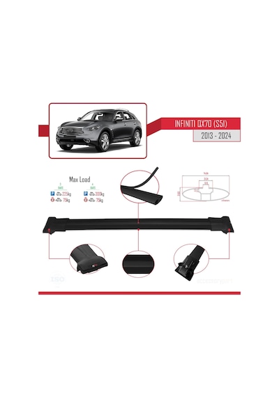 Infiniti Qx70 S51 2013 Ve Sonrası İle Uyumlu Fly Model Ara Atkı Tavan Barı Siyah 3 Adet Bar