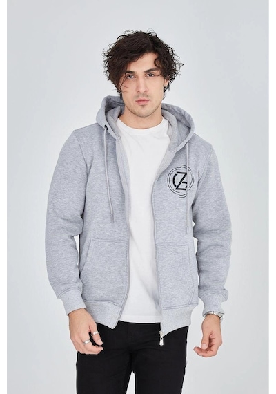 Erkek 3 İplik Pamuklu Fermuarlı Kapüşonlu Kanguru Cepli Baskılı Hoodie Hırka Sweatshirt -gri