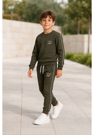 Rony Pony Kids Erkek Çocuk Haki Gezegen Baskılı Beyaz Biyeli Sweatshirt Jogger Eşofman Takımı