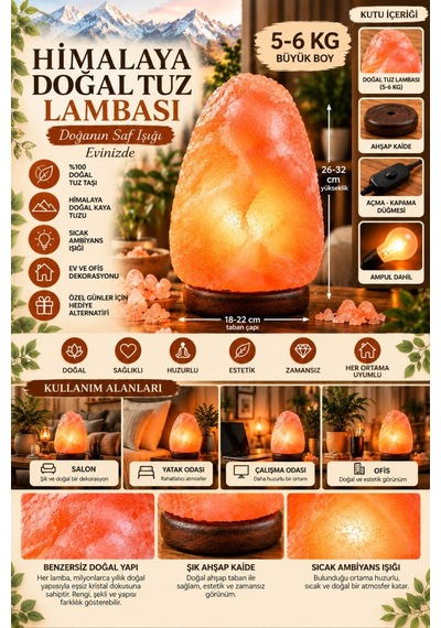 Himalaya 5-6 Kg Doğal Kaya Tuzu Lambası Ahşap Kaideli Dekoratif Ortam Lambası Diğer