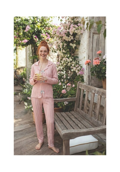 Rindahomewear Pembe Bürümcük Kumaş Fiyonk Detaylı Uzun Kollu Pijama Takımı Pembe