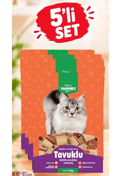 Kiwi Pets Kyct-50354 Yammies Fırında Kavrulmuş Tavuklu Morina Balığına Sarılmış Kedi Ödül Maması 80 Gr 5li Set