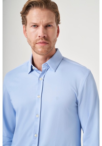 İmza Mavi Tulum Yaka Uzun Kol Cepsiz Örme Slim Fit Pamuklu Gömlek 1004260208 Koyu Mavi