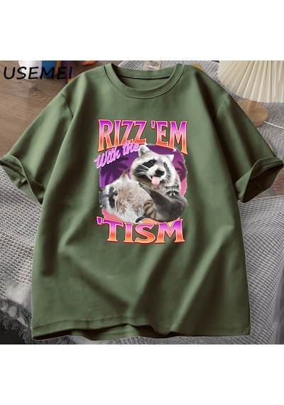Flood Of Style Rizz Em Tism İle Retro Tişört Adam Komik Rakun Grafik T-shirt Unisex Opossum T Shirt Kadın Er Yeşil