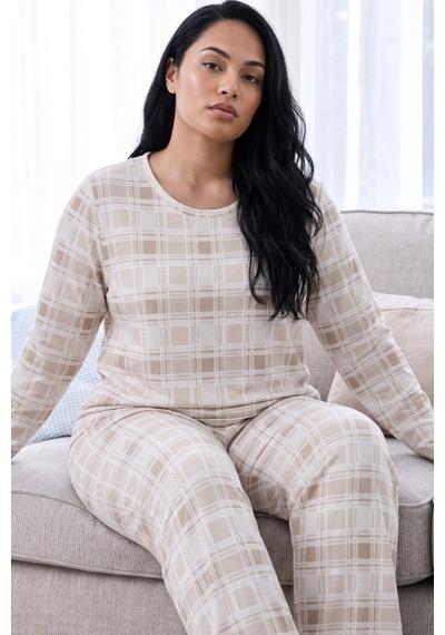 Siyah İnci Desenli Termal Kumaşlı Ultra Soft Yumuşak Büyük Beden Battal Boy Örme Pijama Takımı 26226718 Krem