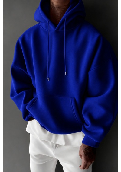 Tarz Cool Regular Kapüşonlu Sweatshirt Erkek Unisex 3 İplik Şardonlu %100 Pamuk Basic Hoodie Mavi