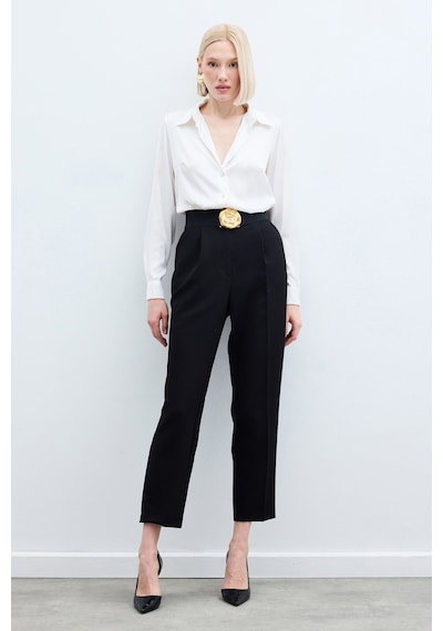 Sateen Yüksek Bel Klasik Pantolon - Siyah-136259 Siyah