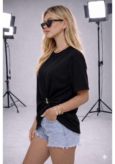 Ribana Kadın Bisiklet Yaka Kısa Kollu Gold Yan Toka Detaylı T-shirt 5035 Siyah