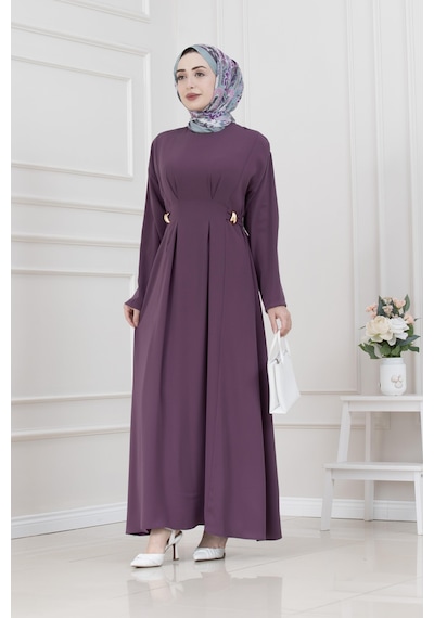 Sevitli Beli Toka Detaylı Tesettür Elbise-mürdüm-5691