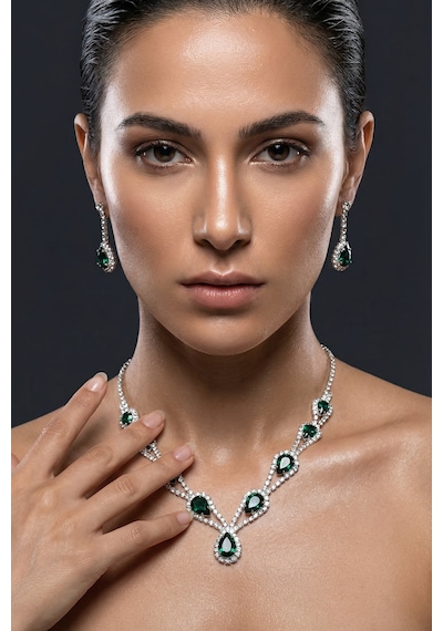 Accessories Hürrem Model Yeşil Taşlı Kolye Küpe Takı Seti Gerdanlık - Gelin Düğün Nişan Abiye Set Gümüş - Yeşil