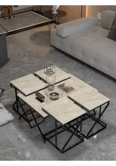 Vexor Orta Sehpa Ve Zigon Sehpa V Lüx 5'li Set Traverten Çok Renkli