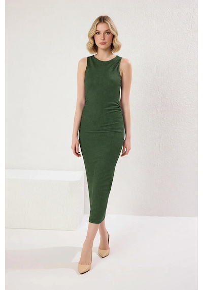 Benerly Kadın Kolsuz Bisiklet Yaka Midi Bodycon Gofre Dokulu Astarlı Örme Haki