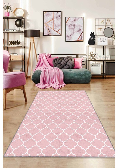 Pembe Fas Desen Kaymaz Taban Makinede Yıkanabilir Halı Rv154