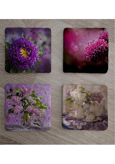 Mor Çiçekler Doğal Taş Bardak Altlığı 4'lü Set - Natural Stone Coasters - Taş Çok Renkli