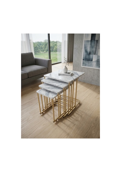 4 Lü Tekerlekli Sehpa Eskitme Gold - Carrara Çok Renkli