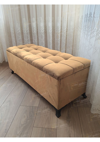 Lüks Çizgi Kapitoneli Sandıklı Puf Bench 120 Cm Siyah Ayak Vizon