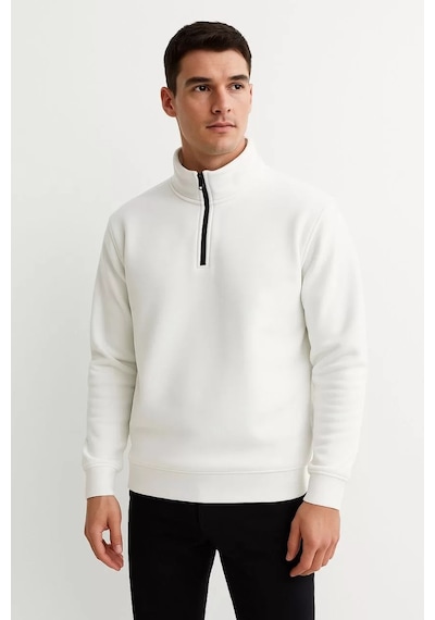 Cvs Giyim Erkek Dik Yaka Sweatshirt Dik Yaka Yarım Fermuarlı 3 İplik Şardonlu Pamuk Kumaş - Beyaz Beyaz