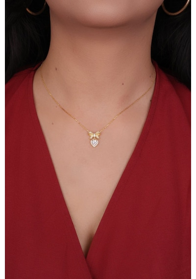 Encili Silver 925 Ayar Gümüş Taşlı Papyon Kalp Model Gold Renk Kadın Kolye Gold