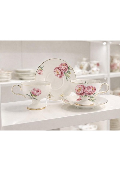 Redrose 2'li Porselen Çay Seti, Pembe Çiçek Desenli, Altın Kenarlıklı, 220cc, Fincan Ve Tabak 2 Kişilik Çok Renkli
