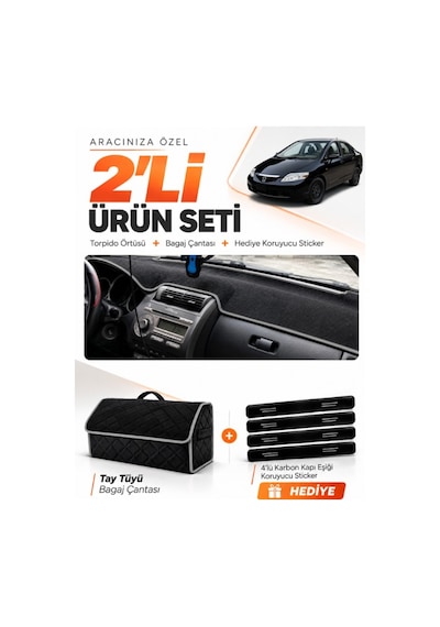 Honda Cıty 2002-2007 Uyumlu Torpido Örtüsü + Tay Tüyü Bagaj Çantası + Sticker Seti - Siyah Gri