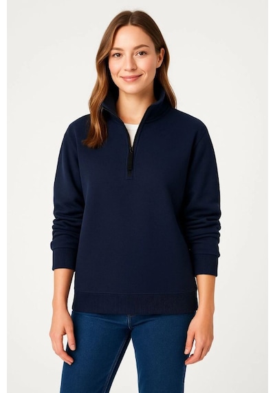 Mbb E-ticaret Kadın 3 İplik Pamuklu Dık Yaka Yarım Fermuarlı Sweatshirt - Lacivert