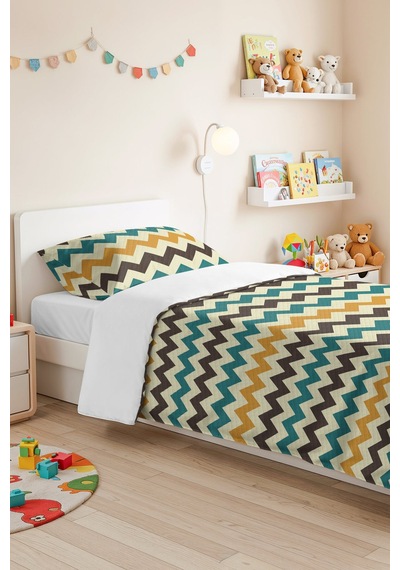 Zigzag Etnik Geometrik Genç Odası Tek Kişilik Pike Takımı - Sarı Antrasit 160x220 Cm Yatak Örtüsü Ekru