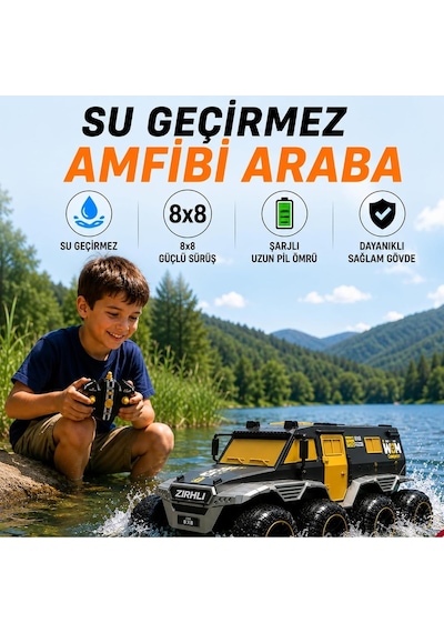 Uzaktan Kumandalı Suda Karada Gidebilen 8 Tekerli Amfibi Araba 25 Cm Siyah