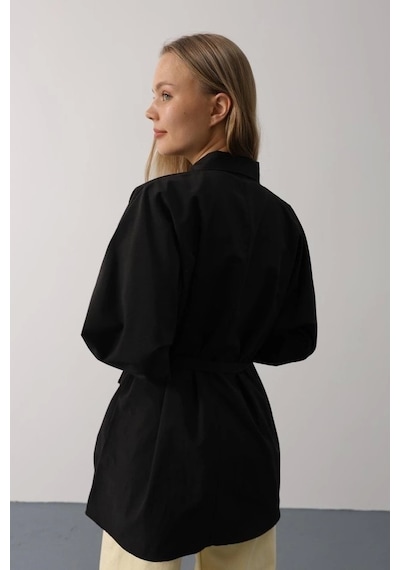 Defymoda Kuşak Detaylı Tunik Gömlek - Siyah Siyah