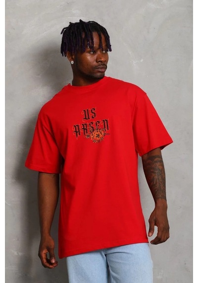 Erkek Baskılı Tişört Kısa Kol Bisiklet Yaka Oversize T-shirt - Kırmızı Kırmızı