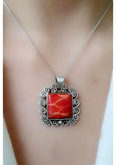 Mercan Taşlı Gümüş Tasarım El Işi Kolye (469291597)