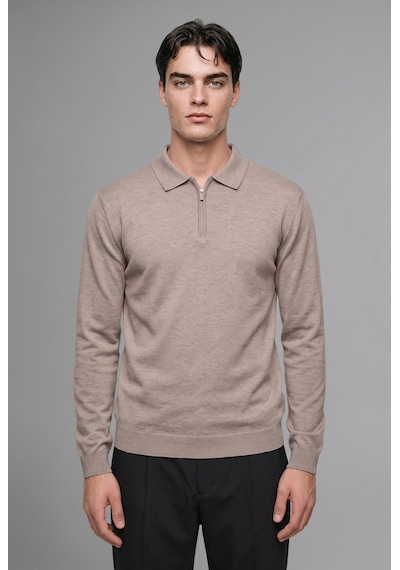 Defacto Standart Fit Yarım Fermuarlı Polo Yaka Triko Basic Kazak H7595ax26aubg766 Bej-bg766