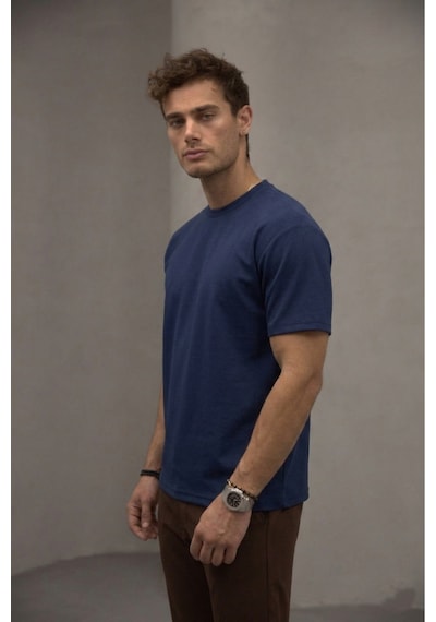 Bürke Lacivert Renk Standart Kalıp Basic Bisiklet Yaka T-shirt