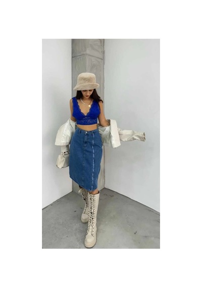 Kene Jeans Yüksek Bel Mavi Ön Fermuar Detaylı Kot Etek Mavi