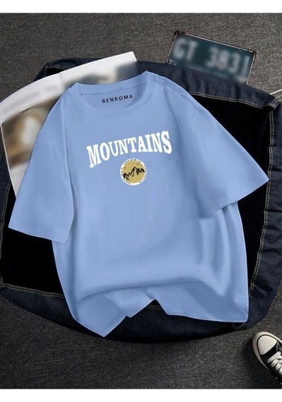 Oversıze Mountaıns Baskılı Unısex Tisort Baskılı Bebe Mavisi