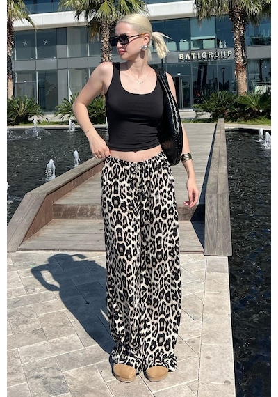 Madmext Krem Ayarlanabilir Bel Leopar Desenli Bol Paça Pantolon Mg2095-krem Krem
