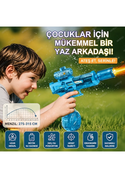 Nvg Elektrikli Su Tabancası Çocuk Oyuncak Su Tabancası Işıklı Sürekli Su Püskürtme Şarjlı Su Tanklı 3+ Yaş Mavi-siyah