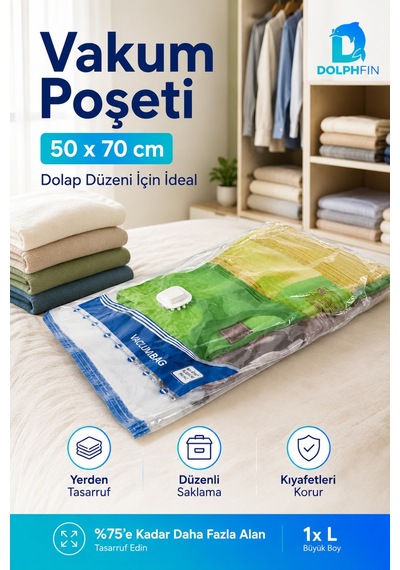 Vakumlu Poşet 50x70 Cm L Boy Yorgan Battaniye Hurç Giysi Saklama Torbası 1 Adet Şeffaf