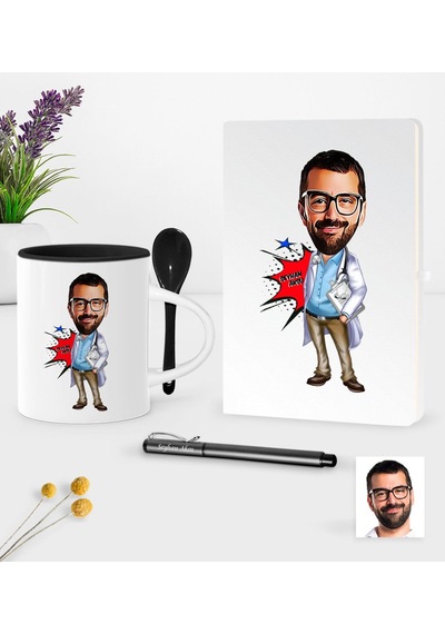 Kişiye Özel Bay Doktor Karikatürlü Beyaz Defter Kalem Kaşıklı Kupa Seti - 3