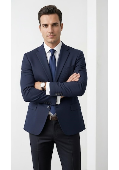 Plus Scorpion Ck 142 Slim Fit Mikro Desenli Erkek Ceket Yazlık Pike Kumaş Çift Yırtmaç Blazer Lacivert