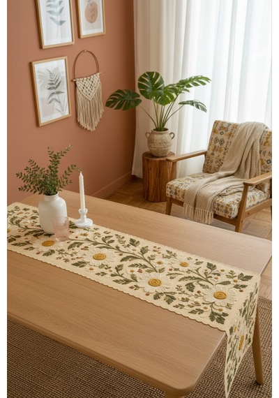 Vivanni Home Yıkanabilir Dikdörtgen Runner Günlük Kullanıma Uygun, Pratik Ve Uzun Ömürlü Papatya Beyaz