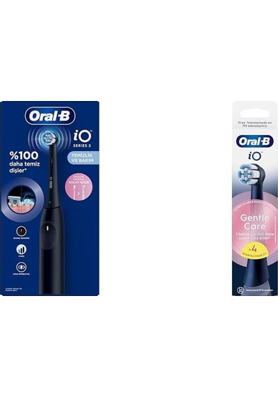 İo 2 Şarjlı Diş Fırçası Gece Siyahı + Oral-b İo Gentle Care Siyah Diş Fırçası Yedek Başlığı 4 Adet