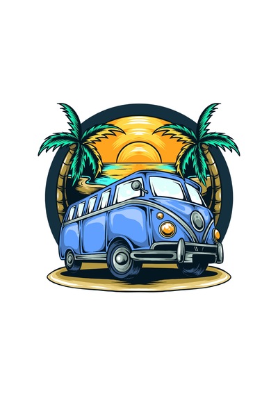 Paybuy Kadın Retro Seyahat Temalı Vintage Minibüs Güneş Batışı Palmiye B Siyah