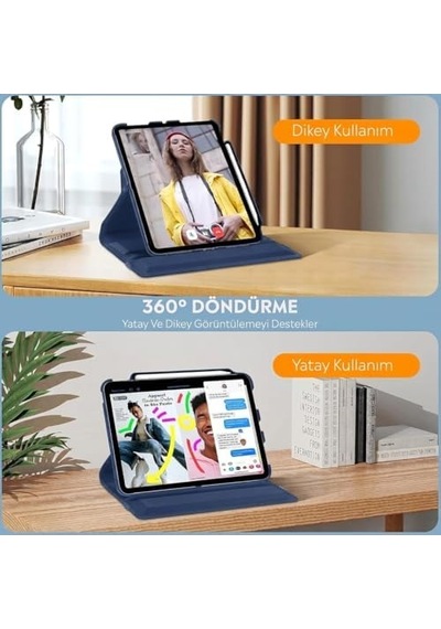 Apple İpad Yatay Ve Dikey Standlı 360 Derece Döner Tablet Kılıfı İpad 10.nesil 10.9/ipad A16 Lacivert