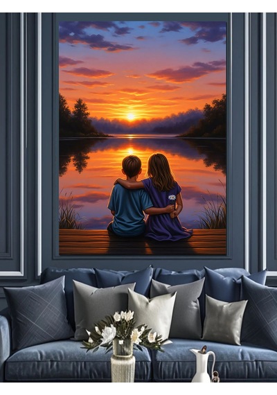 Ahşap Tablo Gün Batımında Romantik Çocuk Çift
